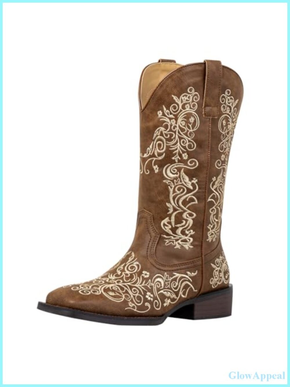 SheSole Womens Western Cowgirl Boots Rhinestone Square Toe Mid-Calf Faux Leather
